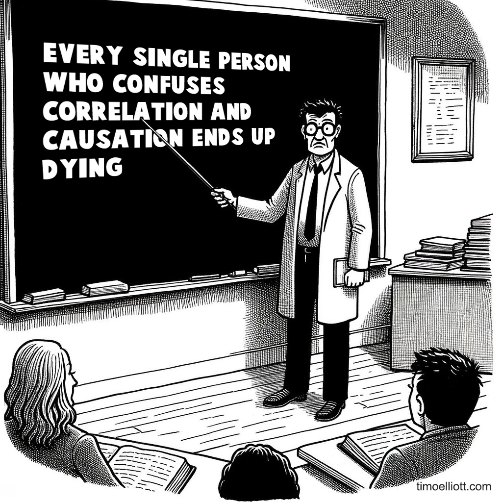 Cartoon: statistic professor pointing at a blackboard: "Every single person who confuses correlation and causation ends up dying"