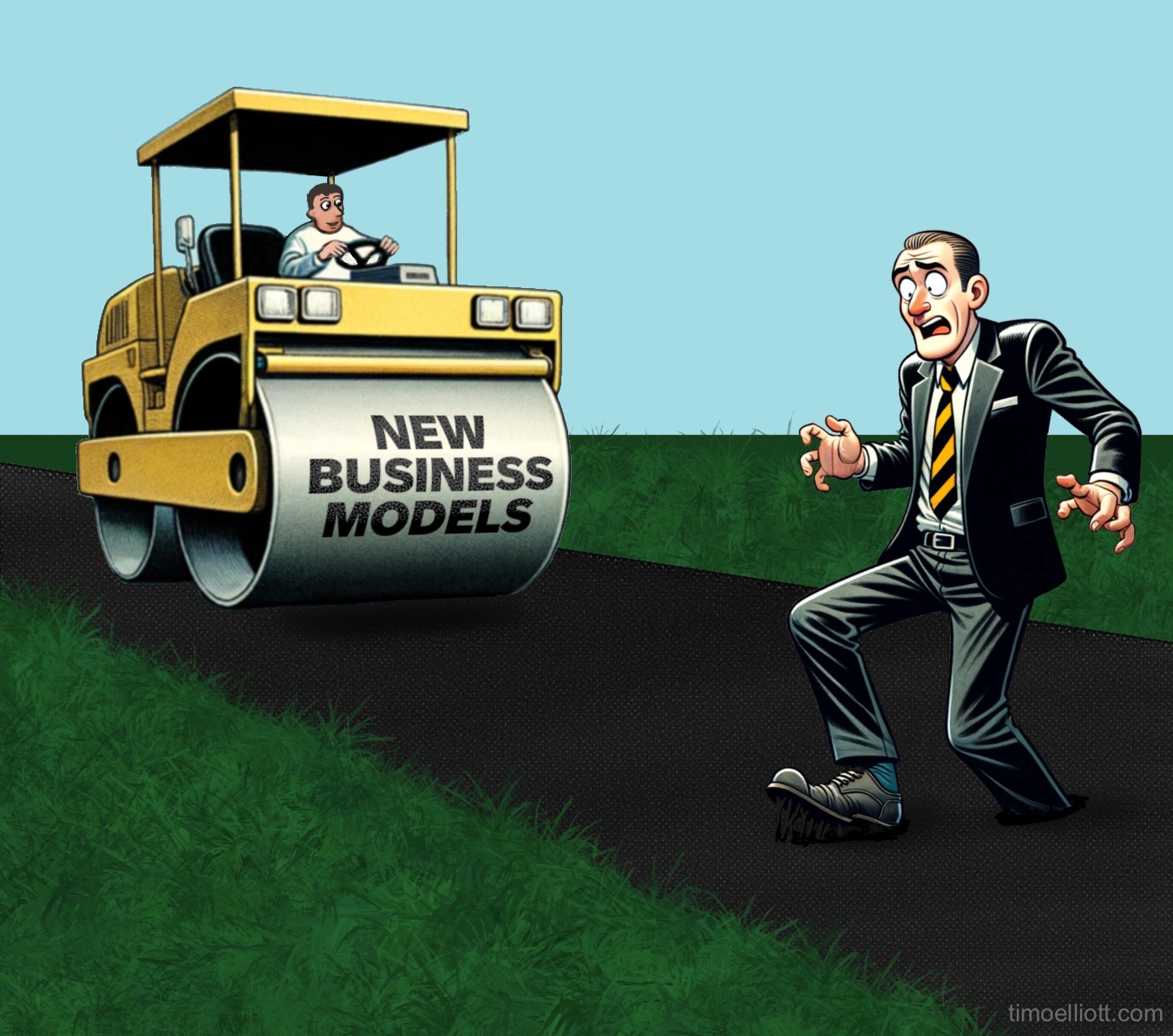 cartoon: A man is stuck in tarmac as a steamroller marked "new business models" rolls towards him